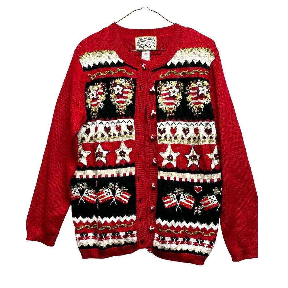 NWT Heirloom Collectibles Red Patriotic Americana Embroidered Cardigan Sweater